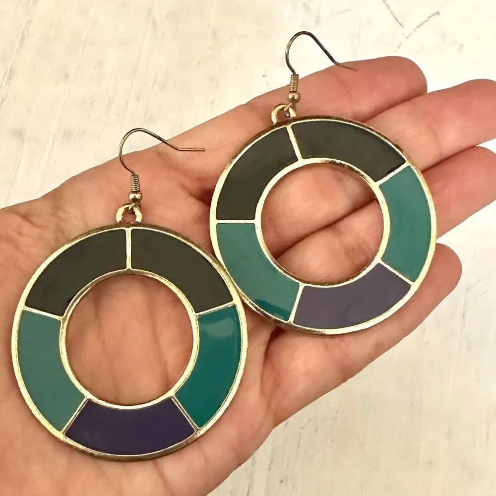 Gold tone blue black and green circle Earrings